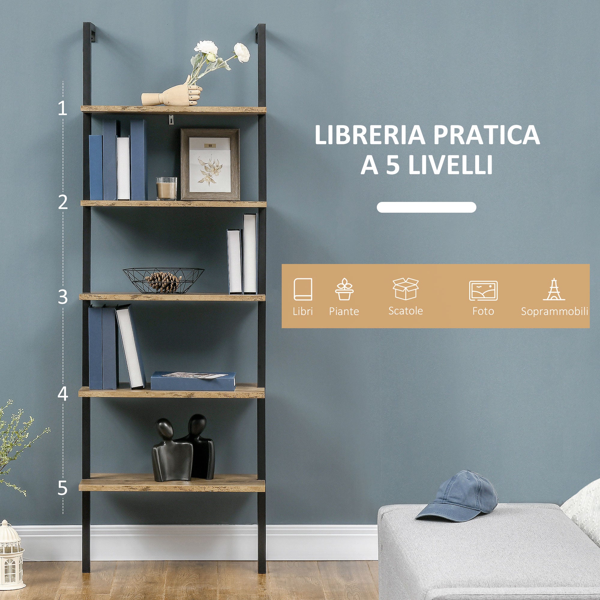 Libreria a Scala 60x30x184,5 cm 5 Ripiani in Legno e Metallo Marrone