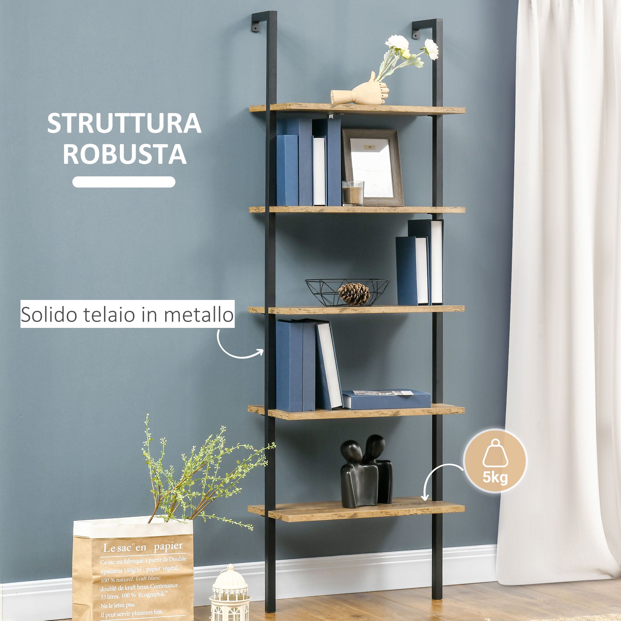 Libreria a Scala 60x30x184,5 cm 5 Ripiani in Legno e Metallo Marrone