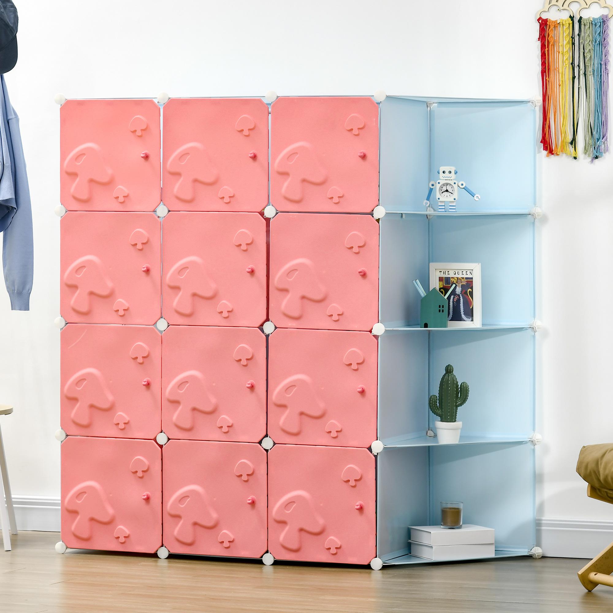 Scarpiera Modulare 145x47x145 cm 16 Cubi in Plastica Rosa e Blu