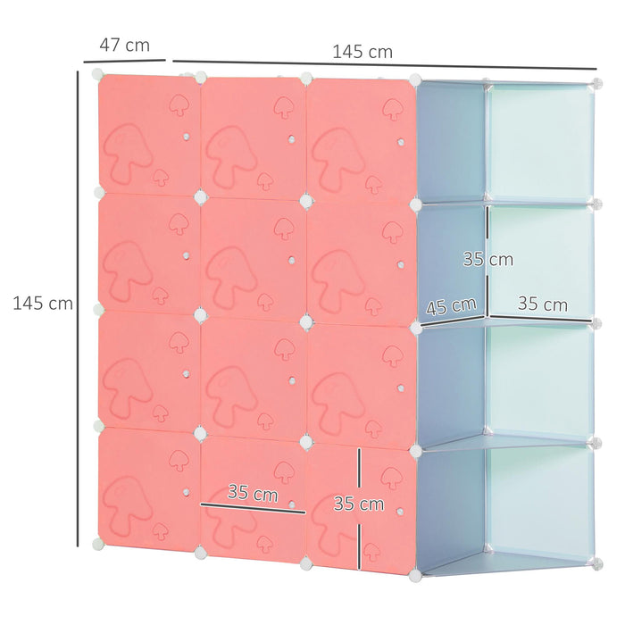 Scarpiera Modulare 145x47x145 cm 16 Cubi in Plastica Rosa e Blu