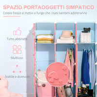 Scarpiera Modulare 145x47x145 cm 16 Cubi in Plastica Rosa e Blu