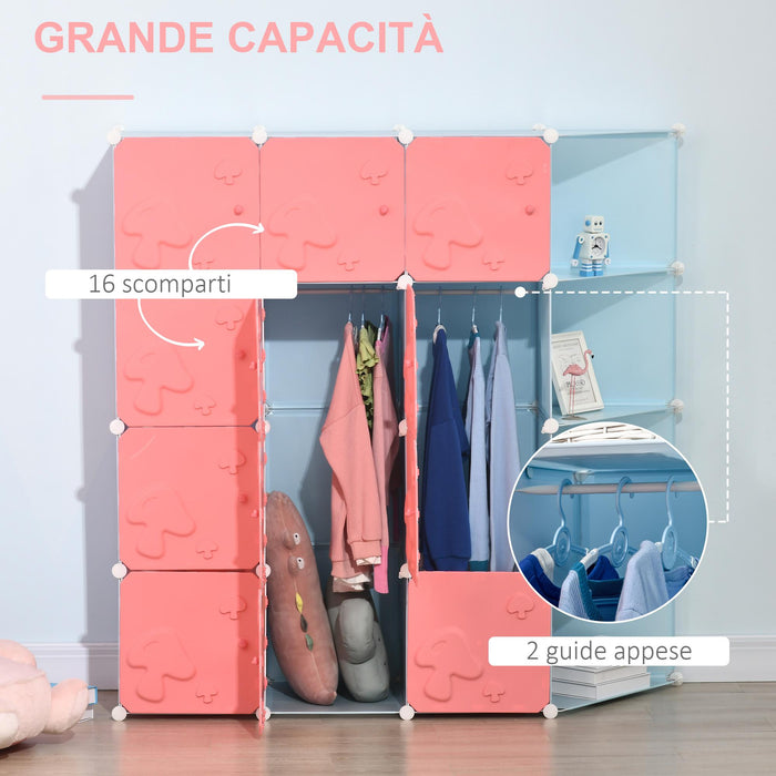 Scarpiera Modulare 145x47x145 cm 16 Cubi in Plastica Rosa e Blu