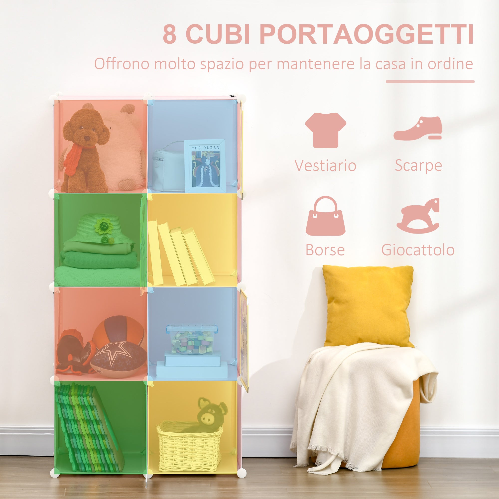 Scarpiera Modulare 74x47x144 cm 8 Cubi in Plastica e Acciaio Rosa