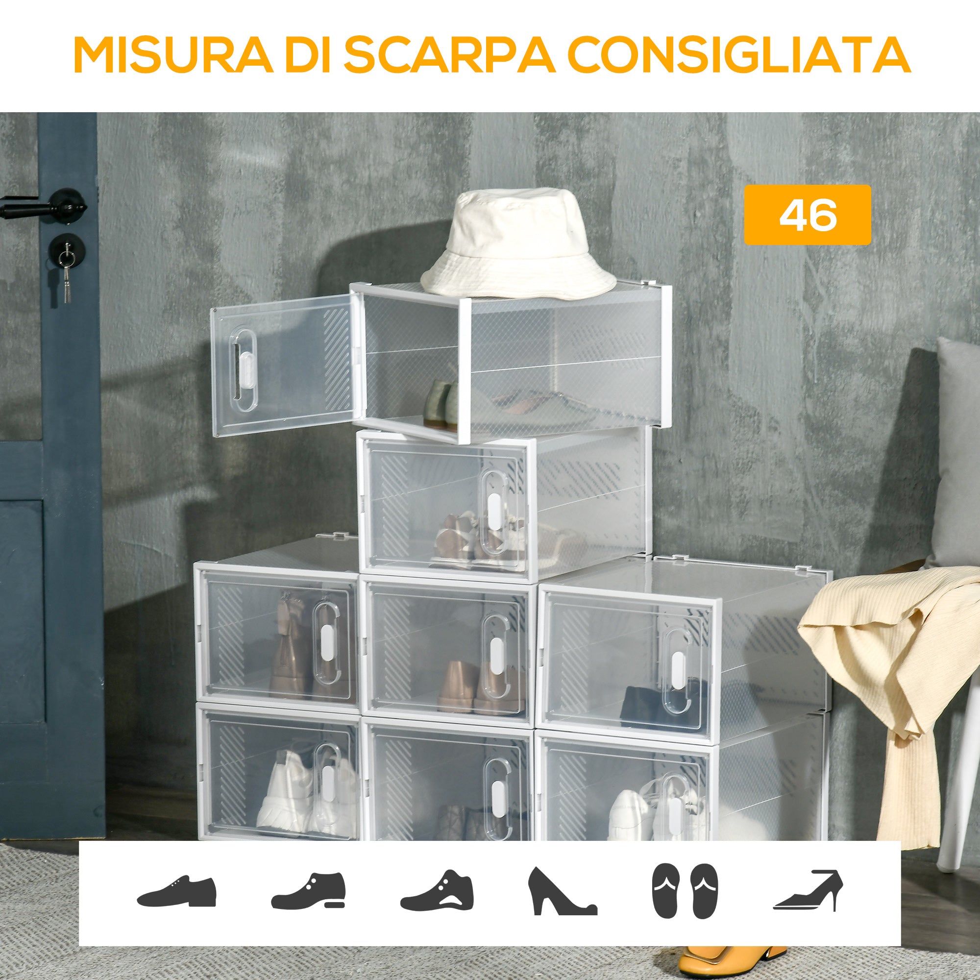 Scarpiera Modulare 8 Cubi 28x36x21 cm in Plastica Bianco e Trasparente