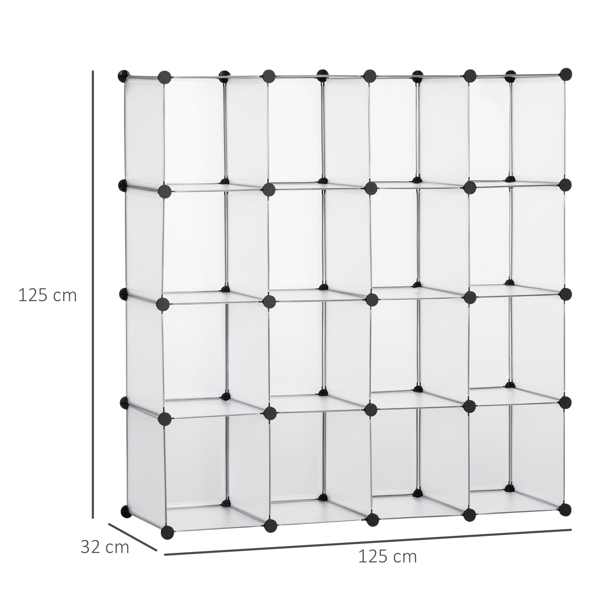 Scarpiera Modulare 125x32x125 cm 16 Cubi in Plastica e Acciaio Trasparente