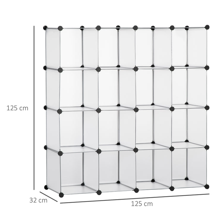 Scarpiera Modulare 125x32x125 cm 16 Cubi in Plastica e Acciaio Trasparente