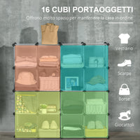 Scarpiera Modulare 125x32x125 cm 16 Cubi in Plastica e Acciaio Trasparente