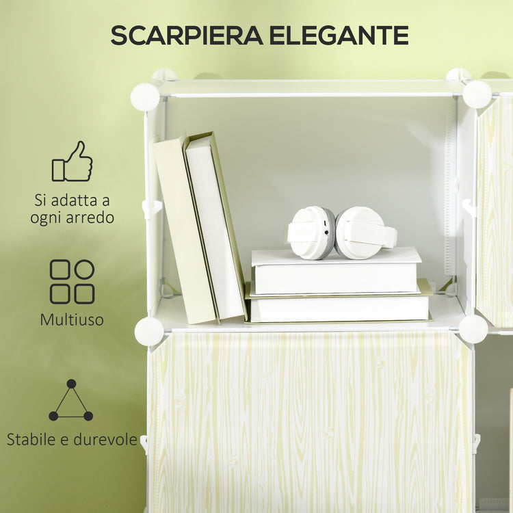 Scarpiera Modulare 125x32x125 cm 12 Cubi in Plastica e Acciaio Bianco Legno Naturale