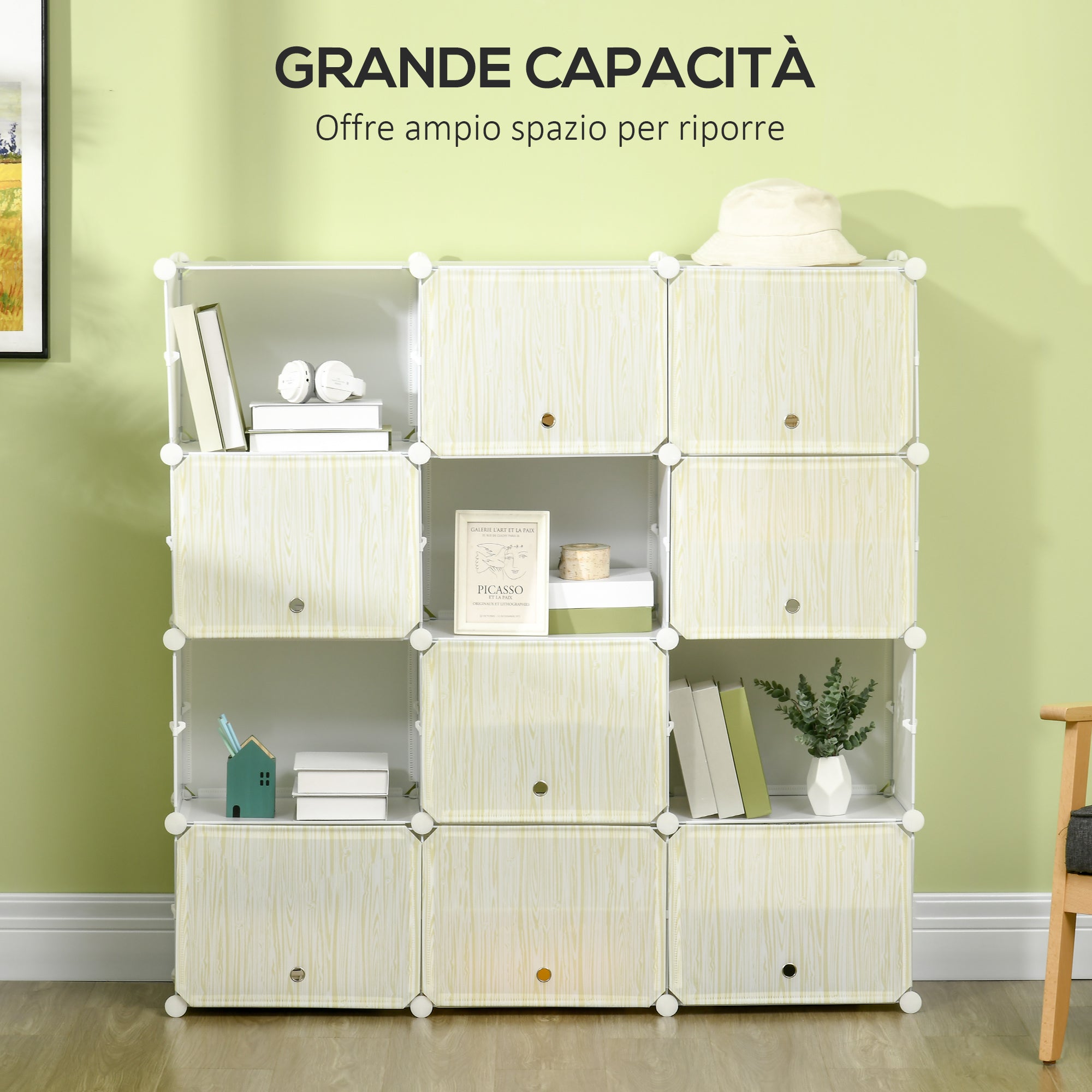 Scarpiera Modulare 125x32x125 cm 12 Cubi in Plastica e Acciaio Bianco Legno Naturale