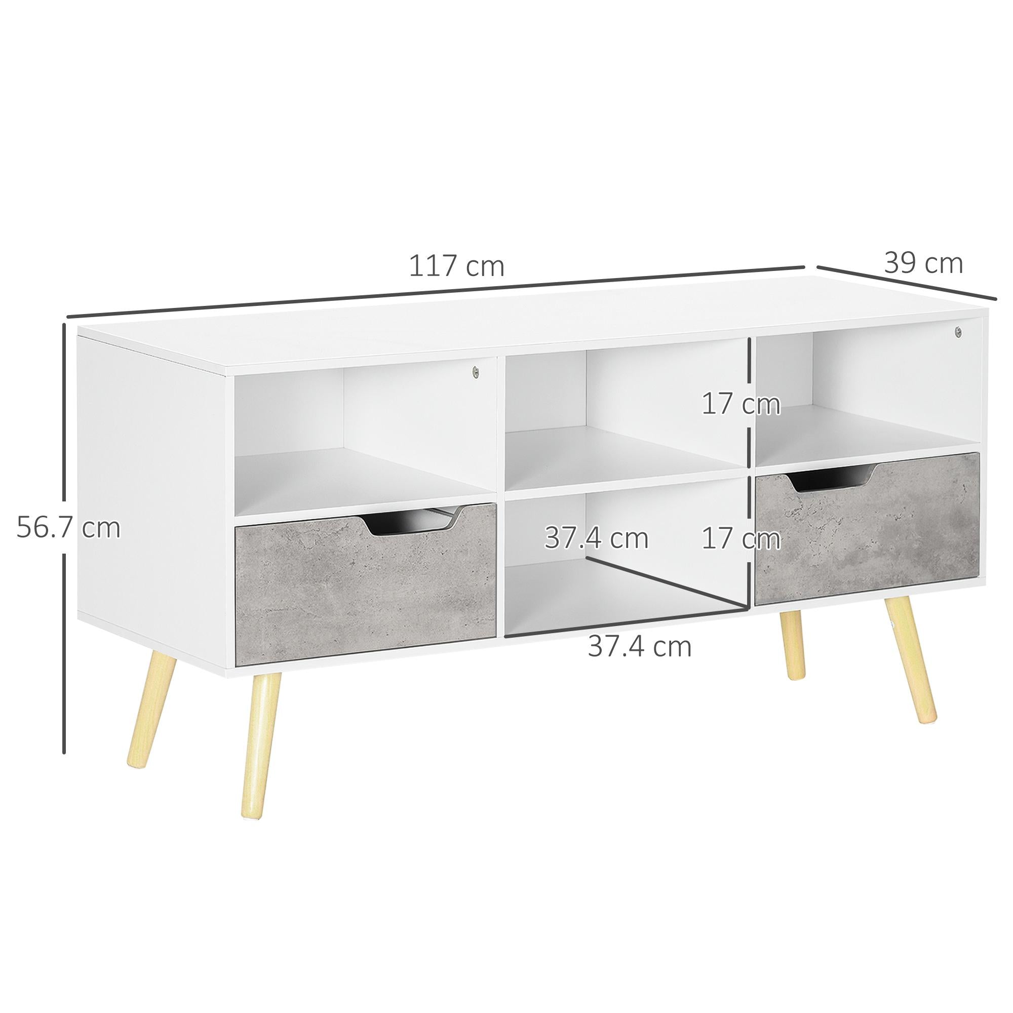 Mobile TV 4 Scomparti 2 Cassetti 117x39x56,7 cm per TV fino a 50" in Truciolato Bianco e Grigio Chiaro