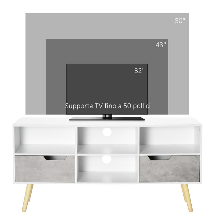 Mobile TV 4 Scomparti 2 Cassetti 117x39x56,7 cm per TV fino a 50" in Truciolato Bianco e Grigio Chiaro