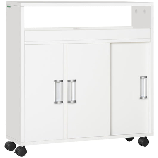 Mobiletto Bagno con Porte Scorrevoli 70x20x71 cm Ripiano Regolabile con Ruote Bianco