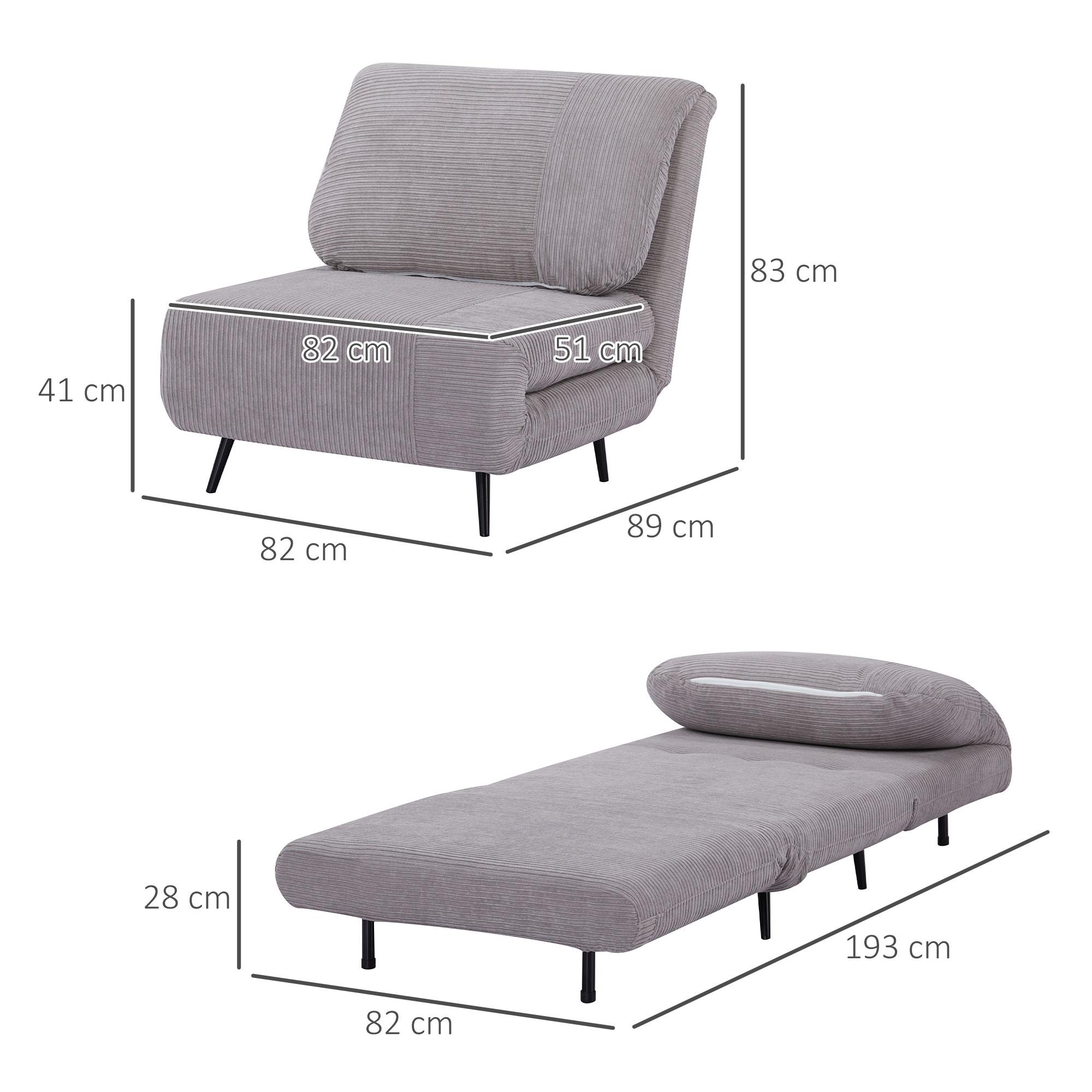 Poltrona Letto Singolo Trasformabile 82x89x83 cm in Legno e Acciaio Tessuto Velluto a Coste Grigio