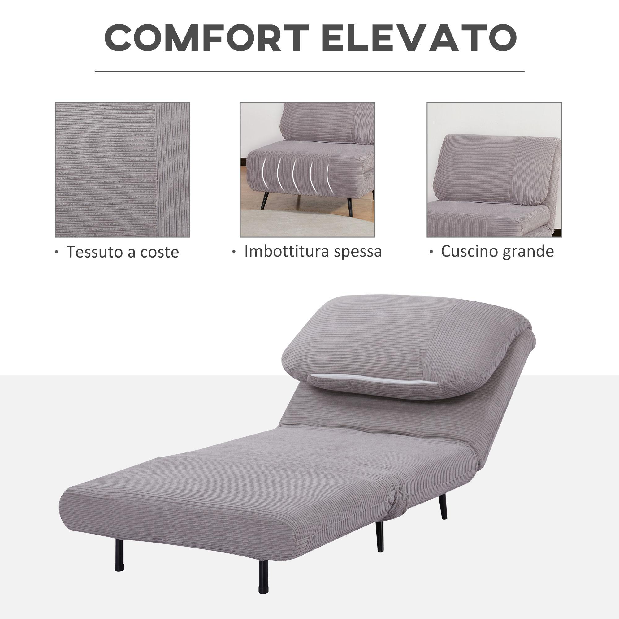 Poltrona Letto Singolo Trasformabile 82x89x83 cm in Legno e Acciaio Tessuto Velluto a Coste Grigio