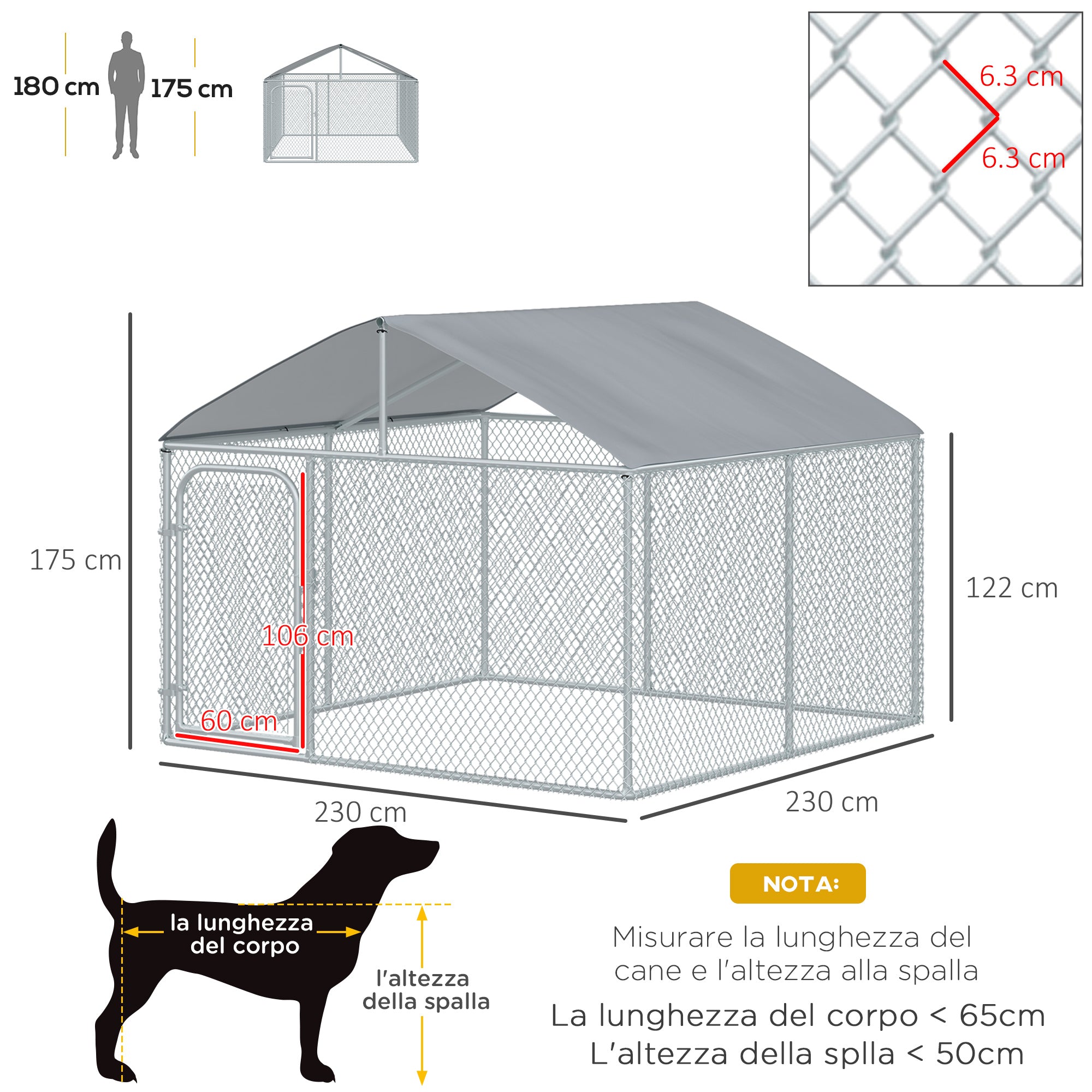 Recinto per Animali Cani Cuccioli 230x230x175 cm in Tubo Zincato con Copertura Argento