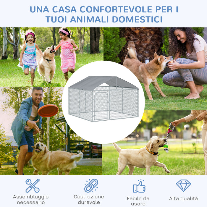 Recinto per Animali Cani Cuccioli 230x230x175 cm in Tubo Zincato con Copertura Argento