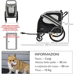 Carrellino Rimorchio per Cani e Animali Domestici 140x72,5x107,5 cm in Acciaio e Tessuto Oxford Grigio