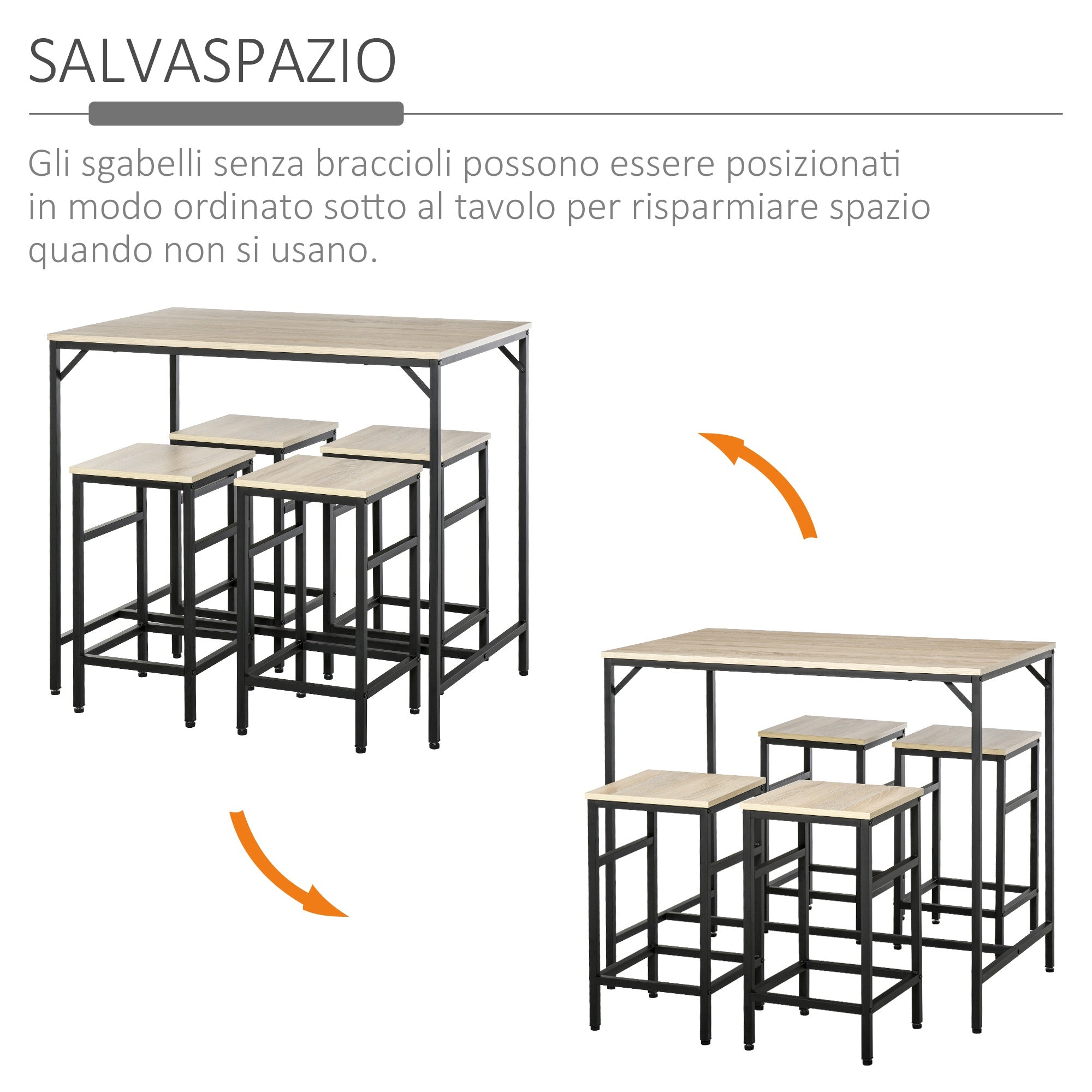 Set Bar Tavolino Alto e 4 Sgabelli da Giardino in Metallo e Legno Rovere Chiaro