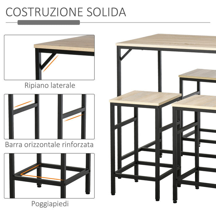 Set Bar Tavolino Alto e 4 Sgabelli da Giardino in Metallo e Legno Rovere Chiaro