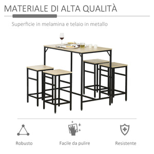 Set Bar Tavolino Alto e 4 Sgabelli da Giardino in Metallo e Legno Rovere Chiaro