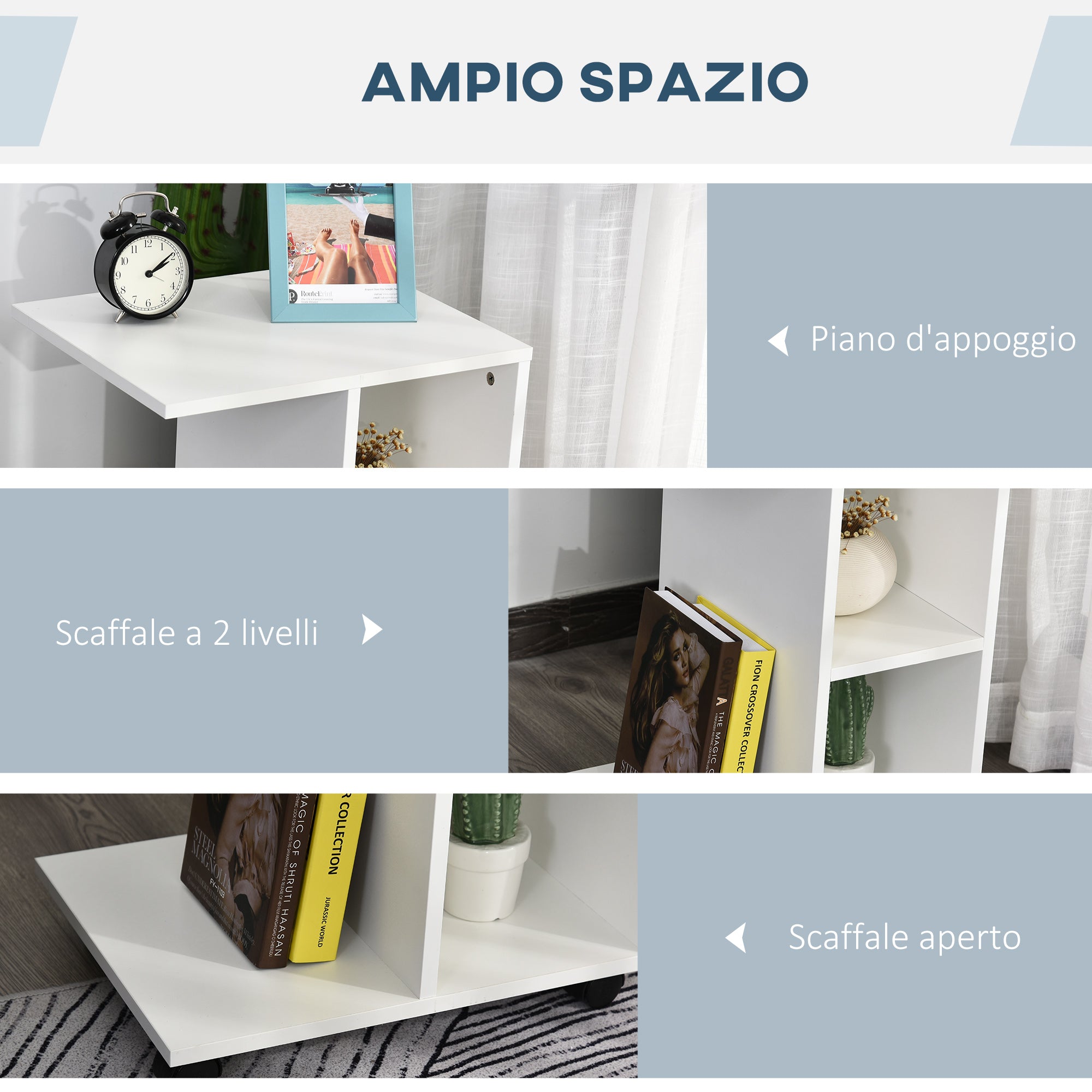 Tavolino da Salotto 45x35x58 cm 2 Ripiani con Ruote Bianco