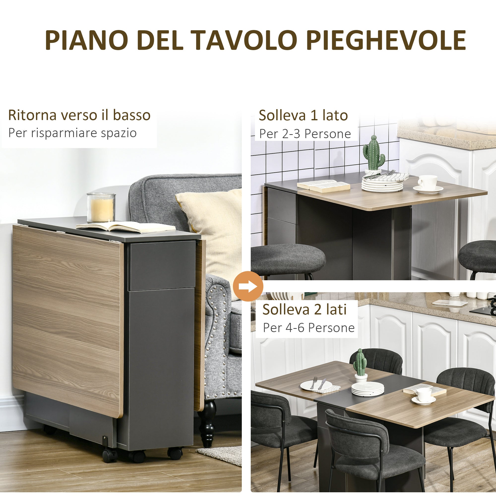 Tavolo Pieghevole Salvaspazio 140x76x76 cm in Legno Truciolato Grigio e Legno Naturale