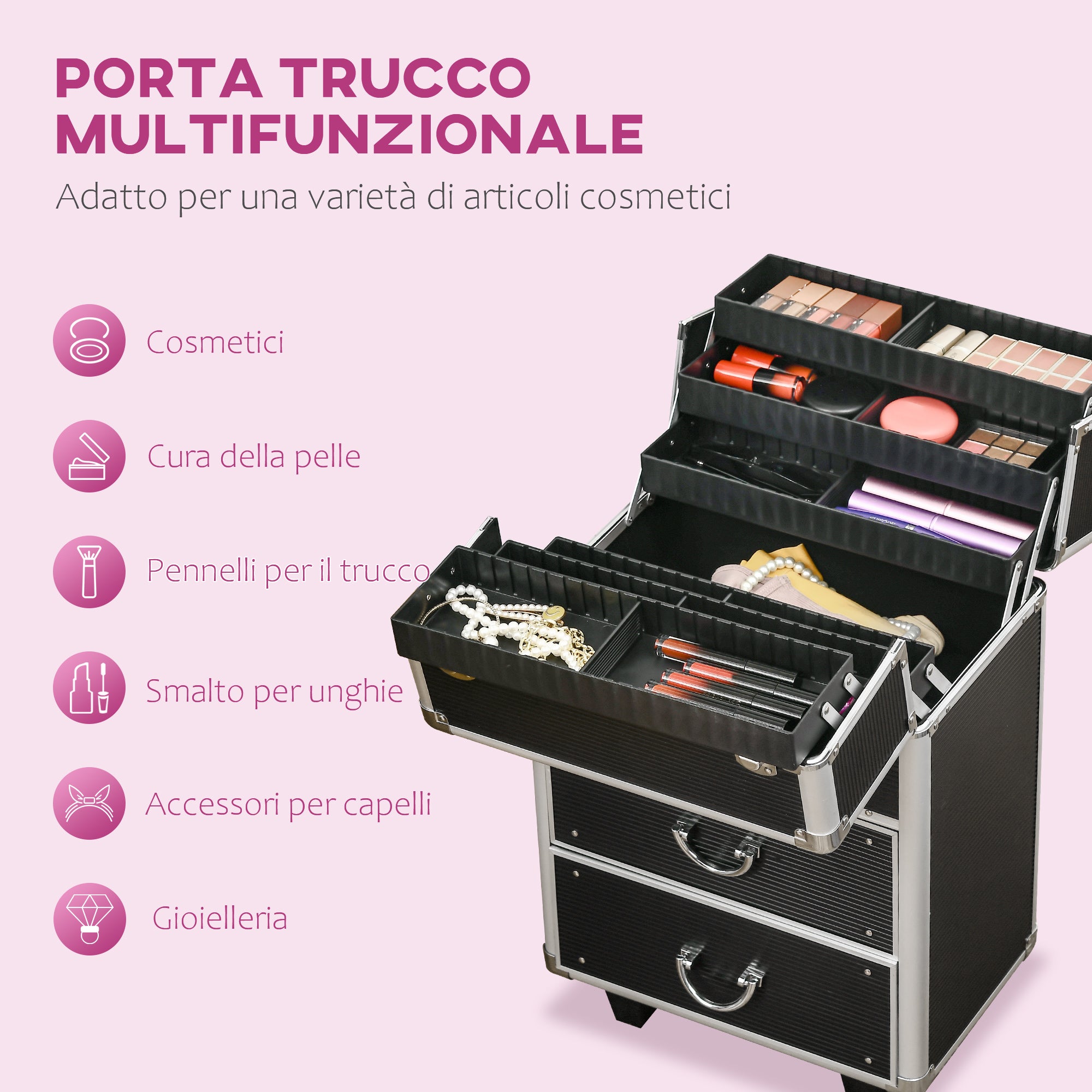 Trolley per Estetista Make Up Trucchi 36x23x58 cm in Alluminio e Acciaio Nero