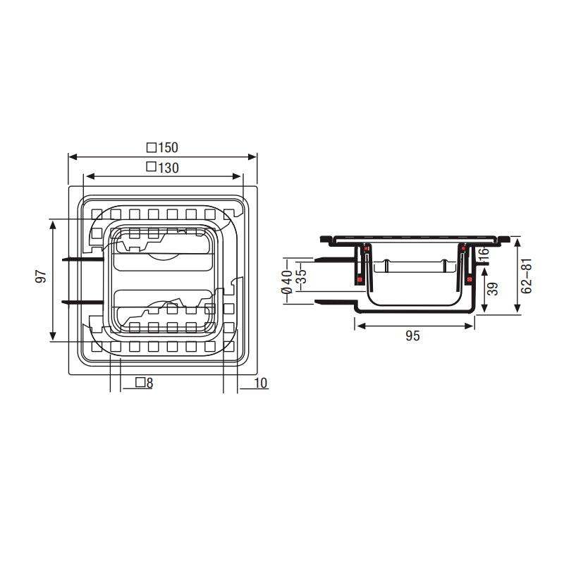 Piletta in abs con griglia in acciaio inox 15x15 con scarico orizzontale