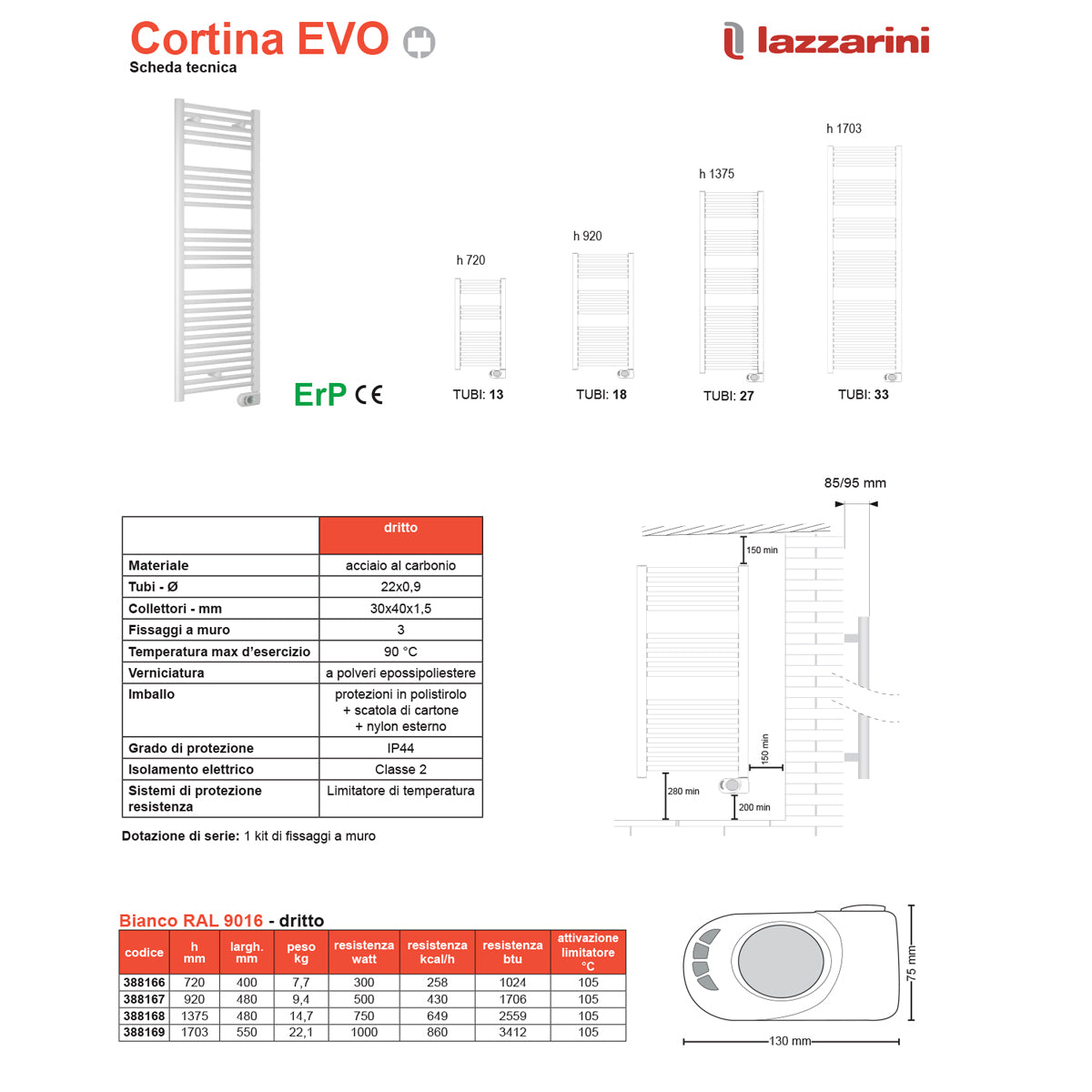 Termoarredo elettrico con termostato digitale Lazzarini Cortina EVO 1703X550 Bianco