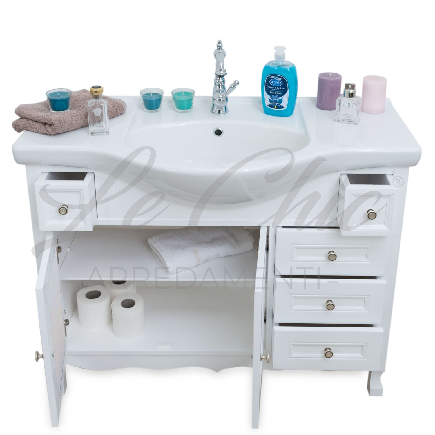 Mobile bagno a terra in legno bianco - 85 cm, Specchio senza pensile