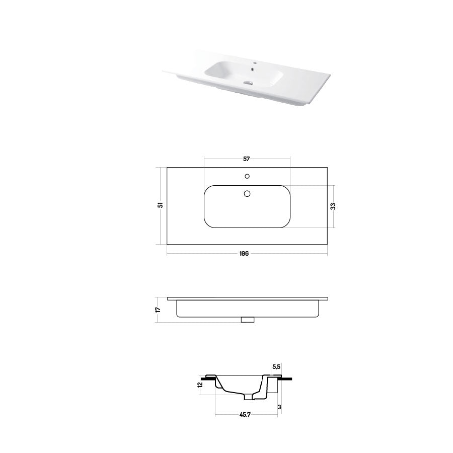 Lavabo a consolle in ceramica bianca lucida serie Qubo Square 51 Disegno-Ceramica 106cm