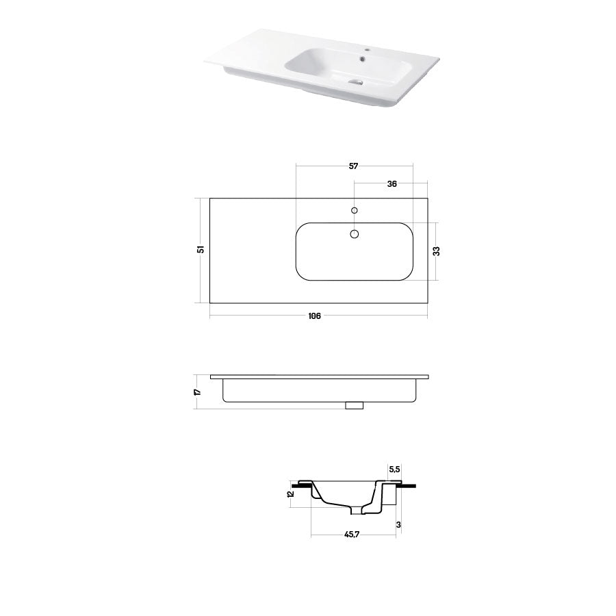 Lavabo a consolle in ceramica bianca lucida serie Qubo Square 51 Disegno-Ceramica 106cm - con piano appoggio sulla sinistra