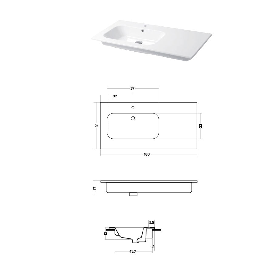 Lavabo a consolle in ceramica bianca lucida serie Qubo Square 51 Disegno-Ceramica 106cm - con piano appoggio sulla destra