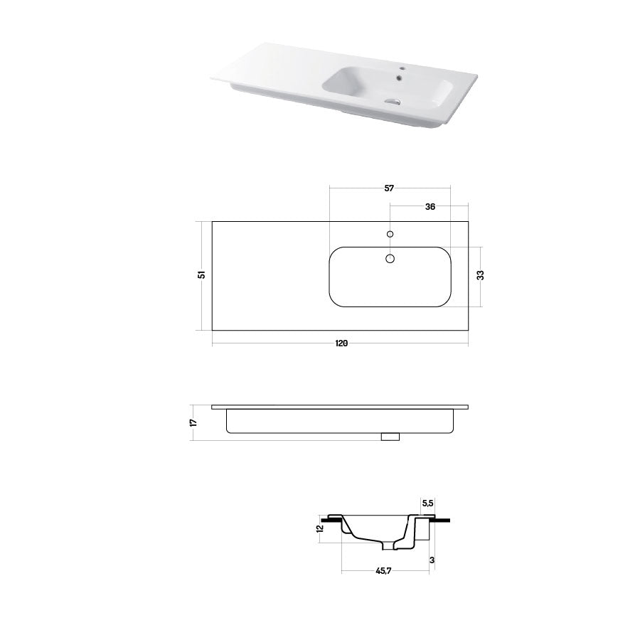 Lavabo a consolle in ceramica bianca lucida serie Qubo Square 51 Disegno-Ceramica 121cm - con piano appoggio sulla sinistra