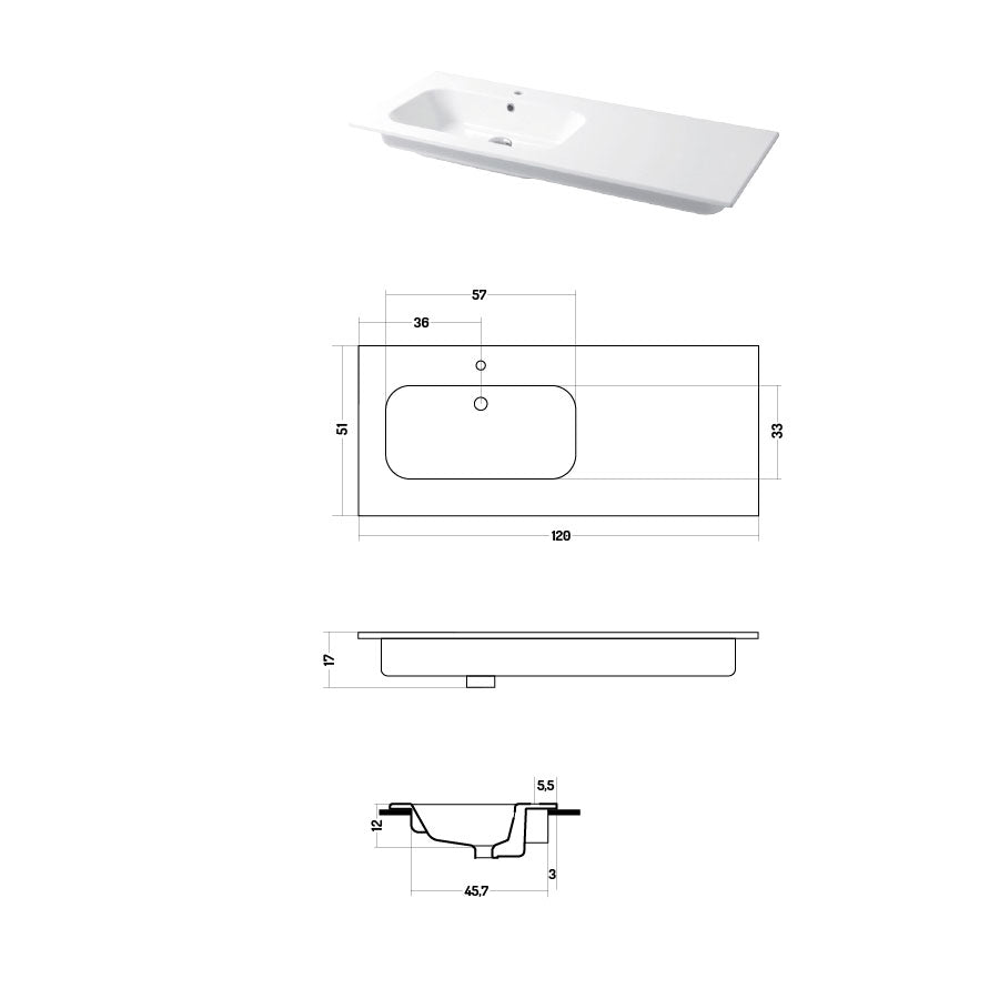 Lavabo a consolle in ceramica bianca lucida serie Qubo Square 51 Disegno-Ceramica 121cm - con piano appoggio sulla destra