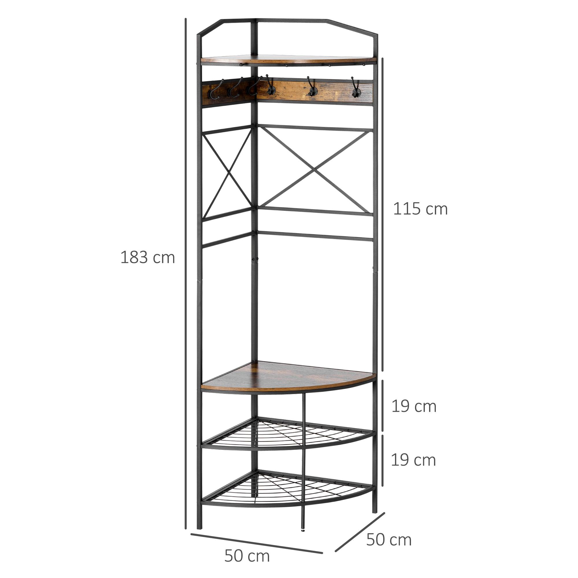 Appendiabiti Angolare da Terra 50x50x183 cm in Legno e Acciaio con Panca e Scarpiera Marrone