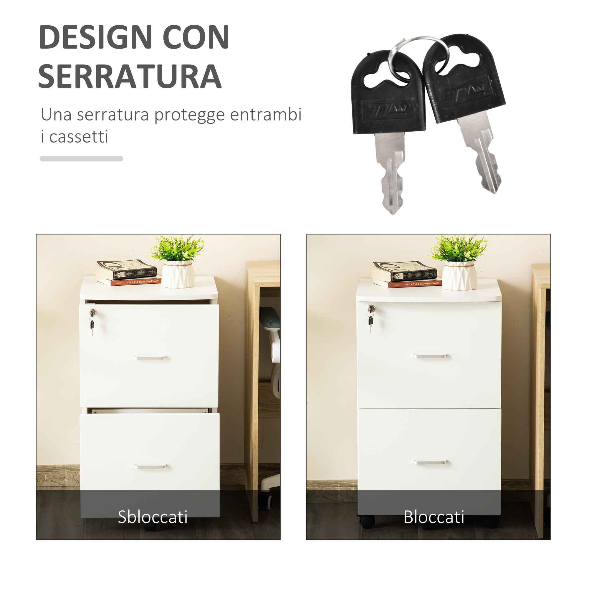 Cassettiera 2 Cassetti da Ufficio 43x45x72 cm con Ruote in MDF e Truciolato Bianco