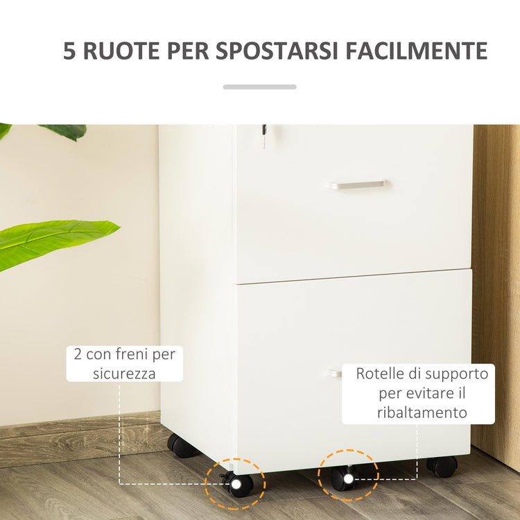 Cassettiera 2 Cassetti da Ufficio 43x45x72 cm con Ruote in MDF e Truciolato Bianco