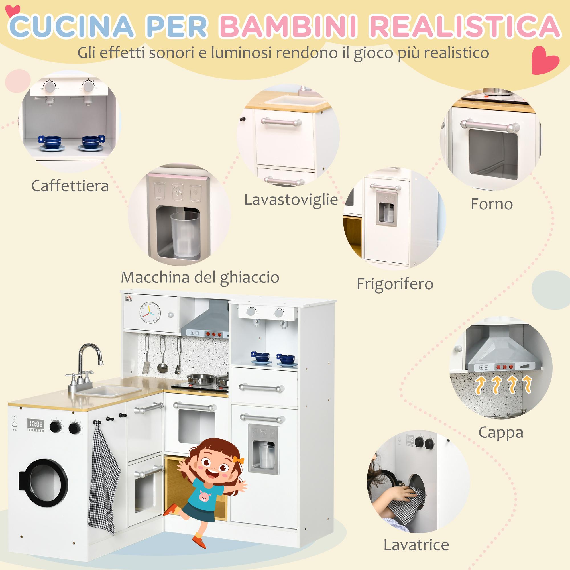 Cucina Giocattolo per Bambini con Utensili Luci ed Effetti Sonori in MDF e PP Bianca