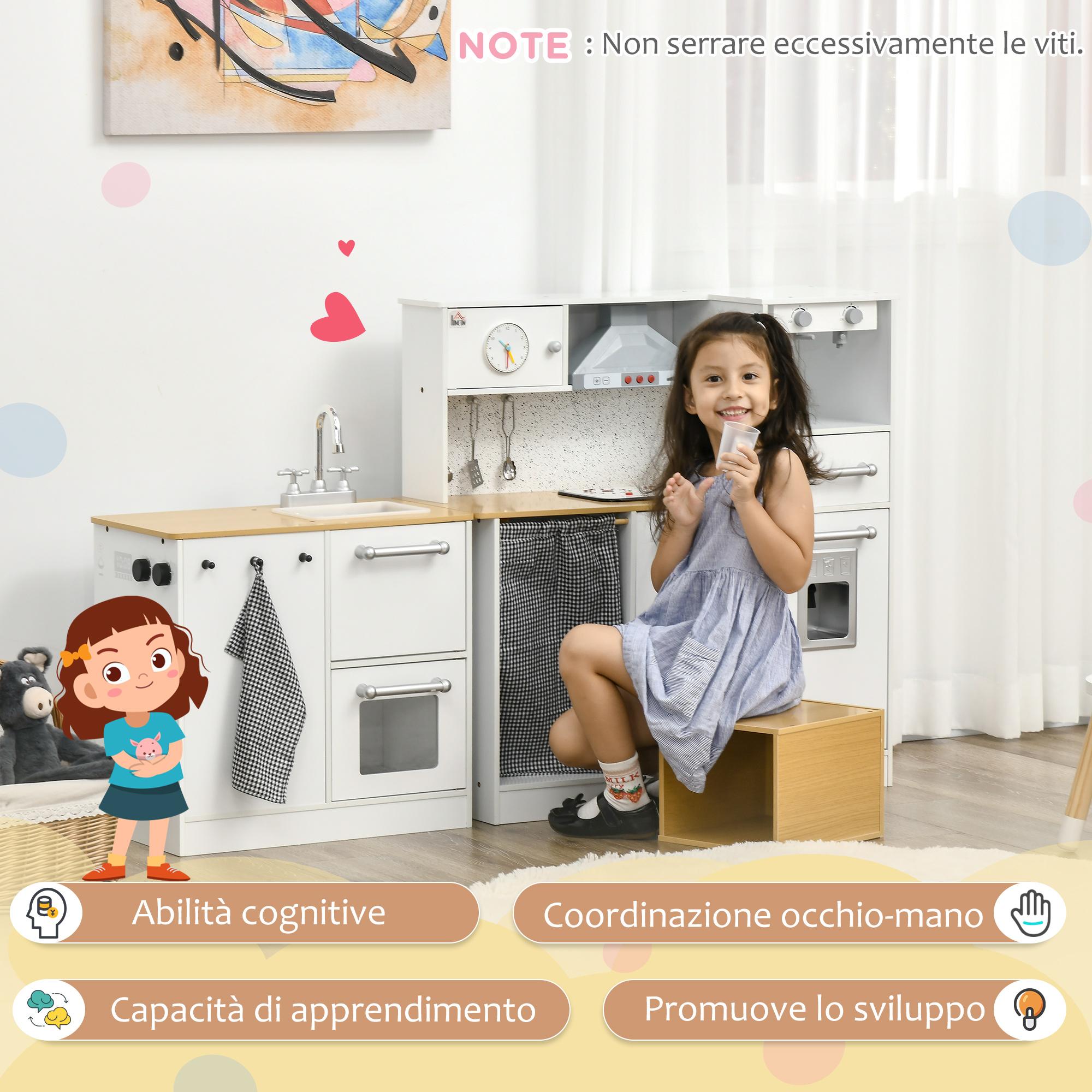 Cucina Giocattolo per Bambini con Utensili Luci ed Effetti Sonori in MDF e PP Bianca