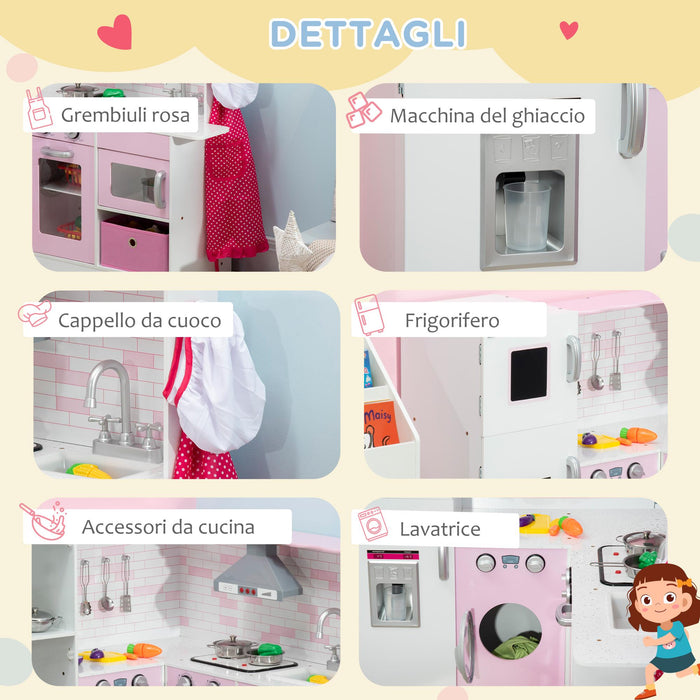 Cucina Giocattolo per Bambini 84x93,5x85 cm con Luci e Utensili in MDF e PP Bianca e Rosa