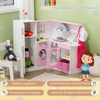 Cucina Giocattolo per Bambini 84x93,5x85 cm con Luci e Utensili in MDF e PP Bianca e Rosa