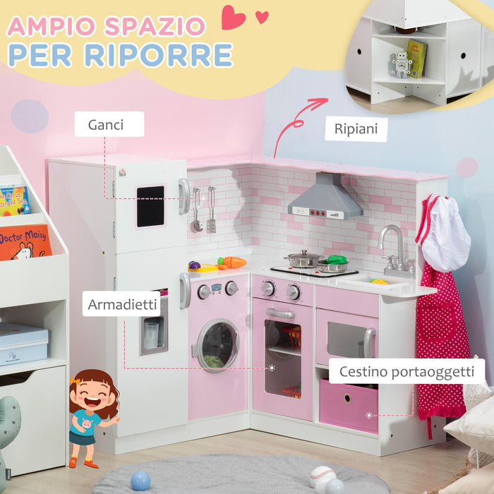 Cucina Giocattolo per Bambini 84x93,5x85 cm con Luci e Utensili in MDF e PP Bianca e Rosa