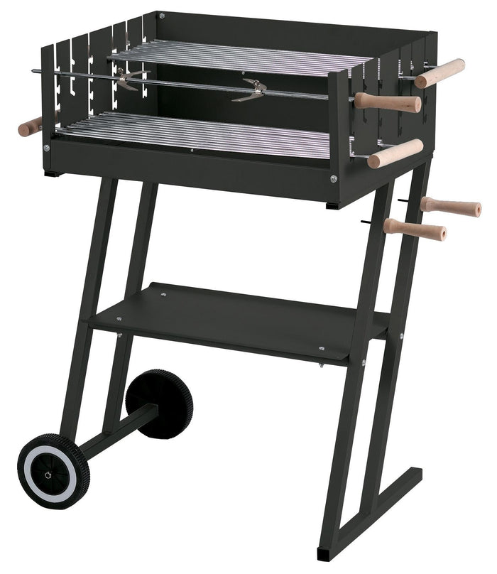 Barbecue a Carbone Carbonella 60x45cm con Girarrosto e Ripiano Porta Oggetti Bauer Nero