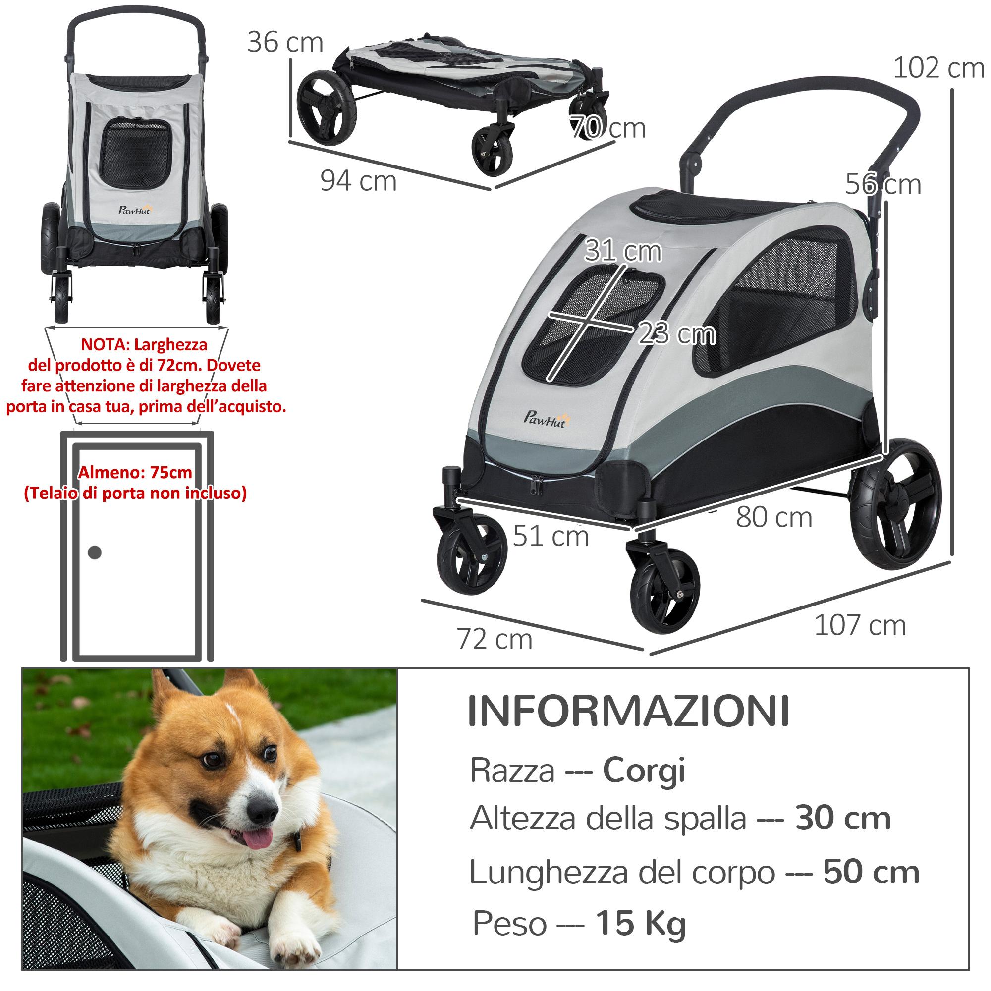 Passeggino per Cani Taglia Media 107x72x102 cm con Borsa Portaoggetti Grigio