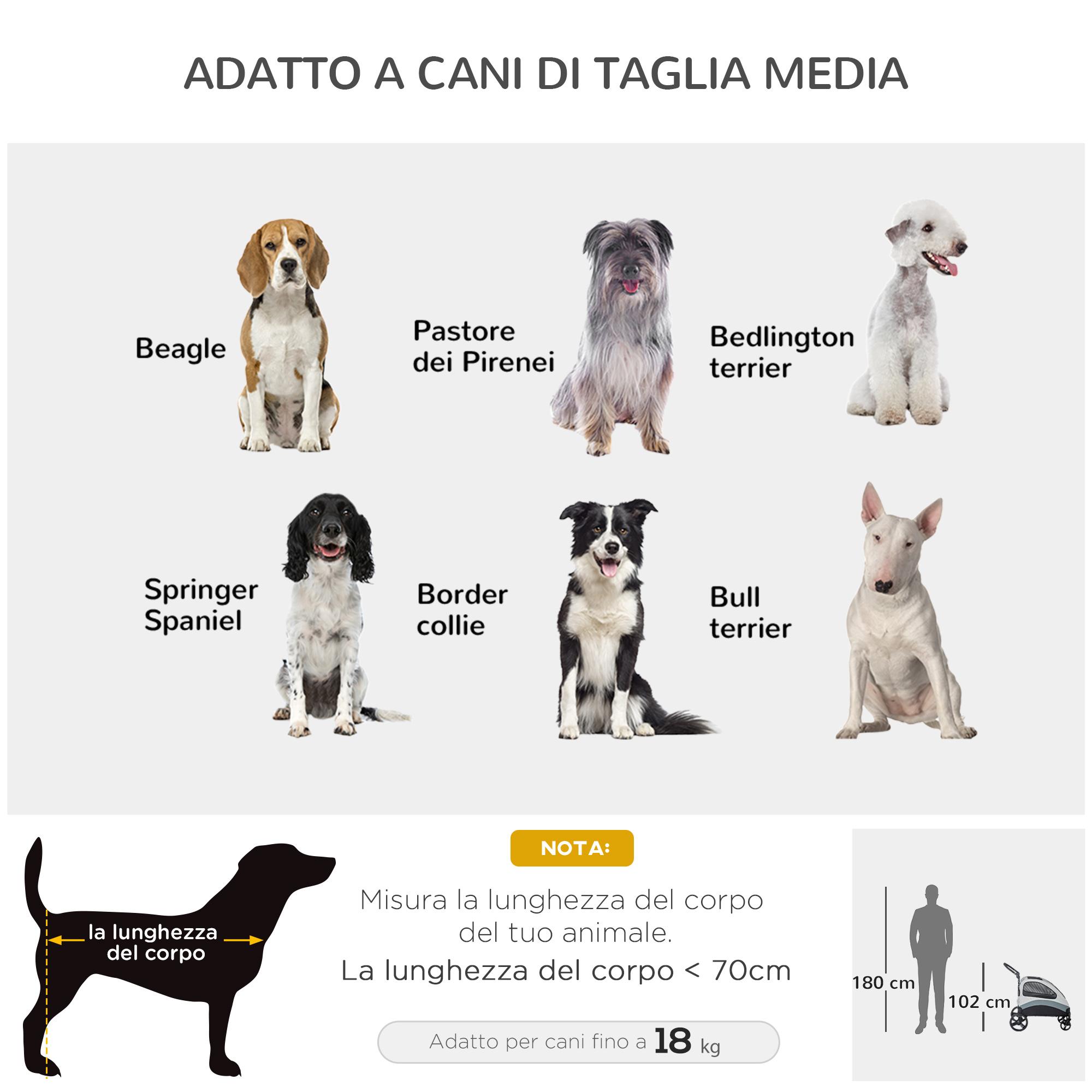 Passeggino per Cani Taglia Media 107x72x102 cm con Borsa Portaoggetti Grigio