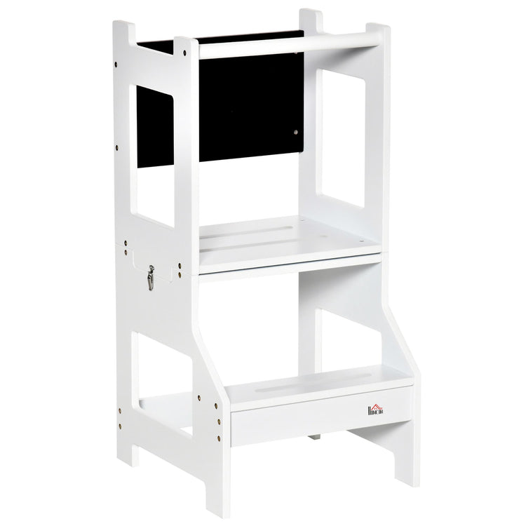 Torre Scala Montessoriana per Bambini 42x44x86 cm con Sgabello e Lavagna Bianca