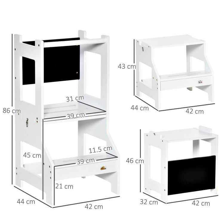 Torre Scala Montessoriana per Bambini 42x44x86 cm con Sgabello e Lavagna Bianca