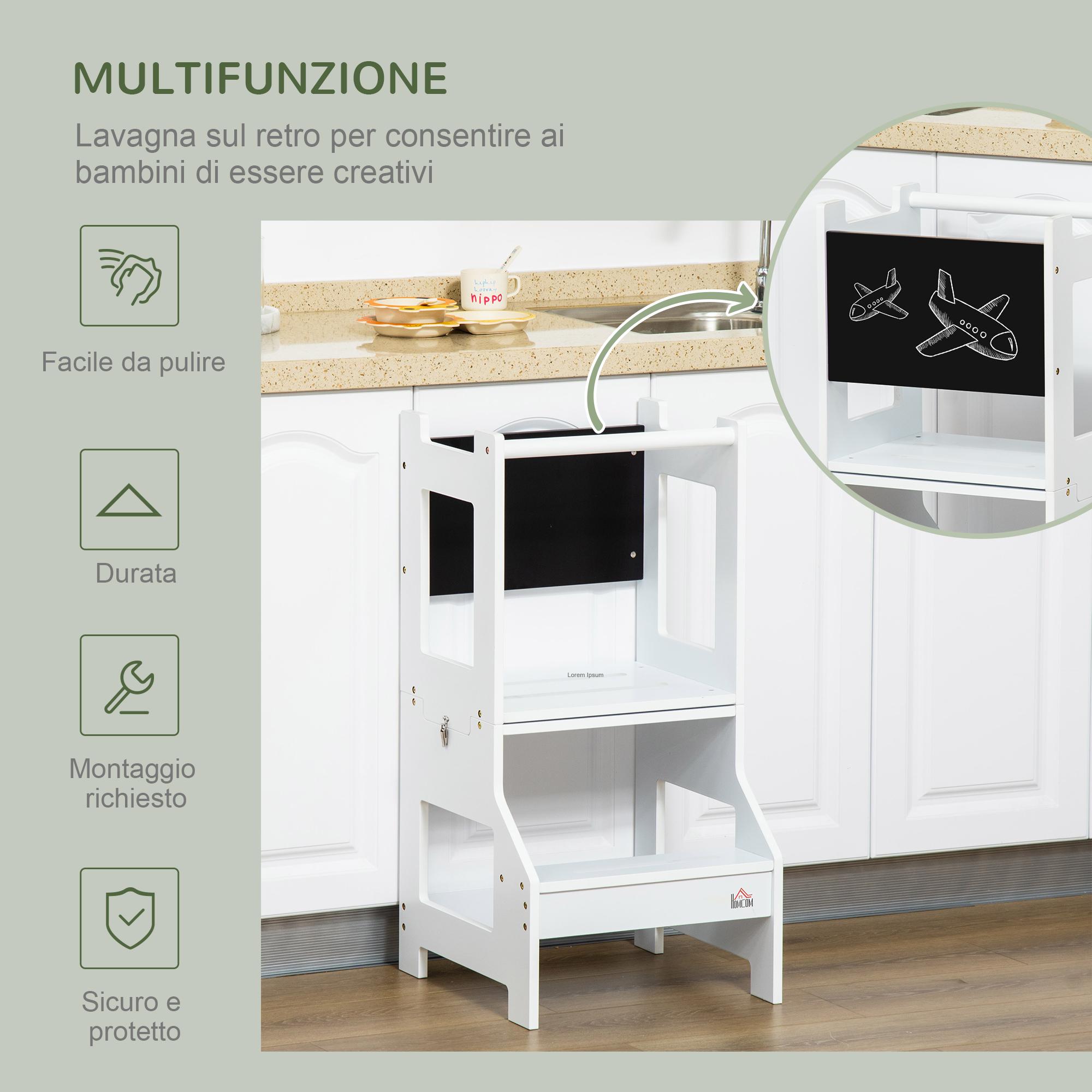 Torre Scala Montessoriana per Bambini 42x44x86 cm con Sgabello e Lavagna Bianca