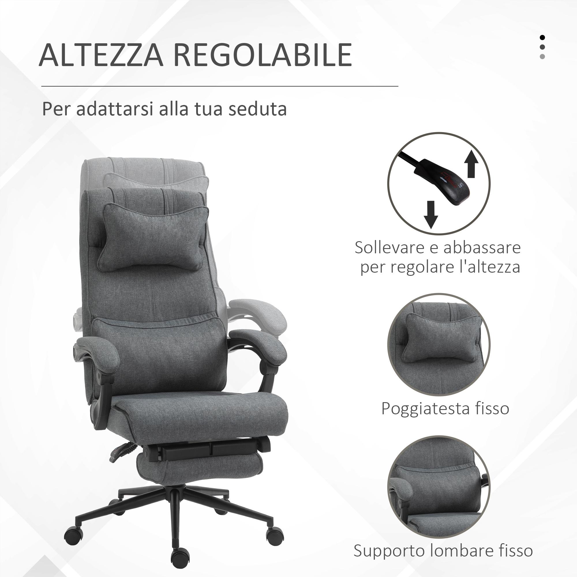 Sedia Poltrona Presidenziale da Ufficio 66x70x115-123 cm con Poggiapiedi in Tessuto Effetto Lino Grigia